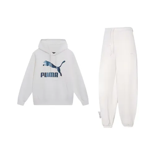 PUMA Classics Metallic Logo Hoodie TR Sweatshirt Set Women's White