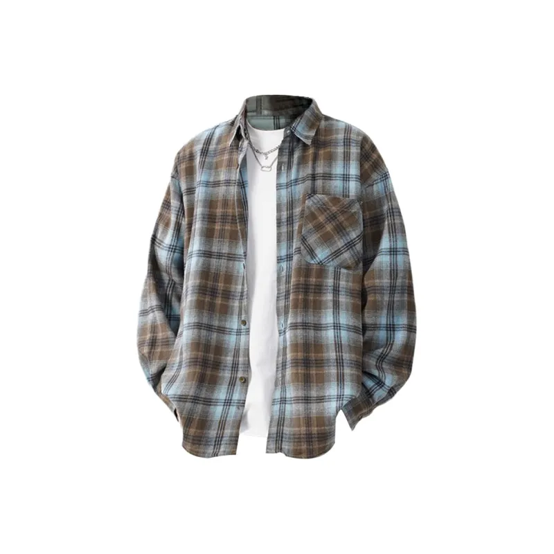 SUNSETMONENT Shirt Unisex Blue Brown Plaid-0
