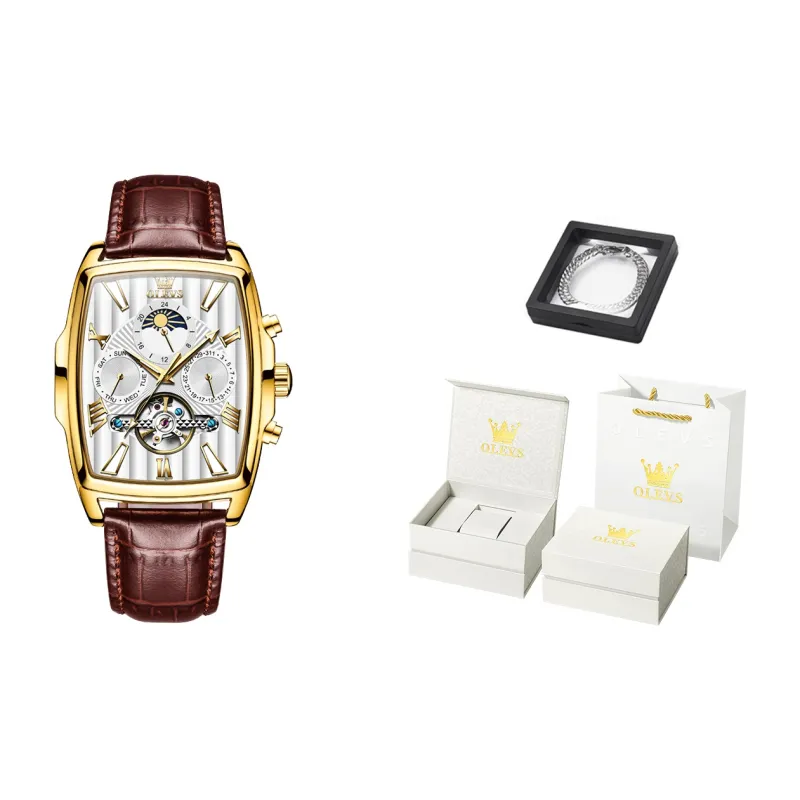OLEVS Mechanical Movement Leather Strap Watch Men's Watches White Dial-10
