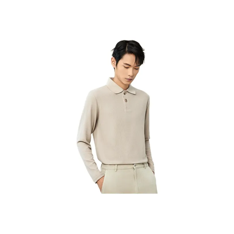 Red Bean Solid Color Lapel Pullover Long Sleeved Polo Shirt Men's-1