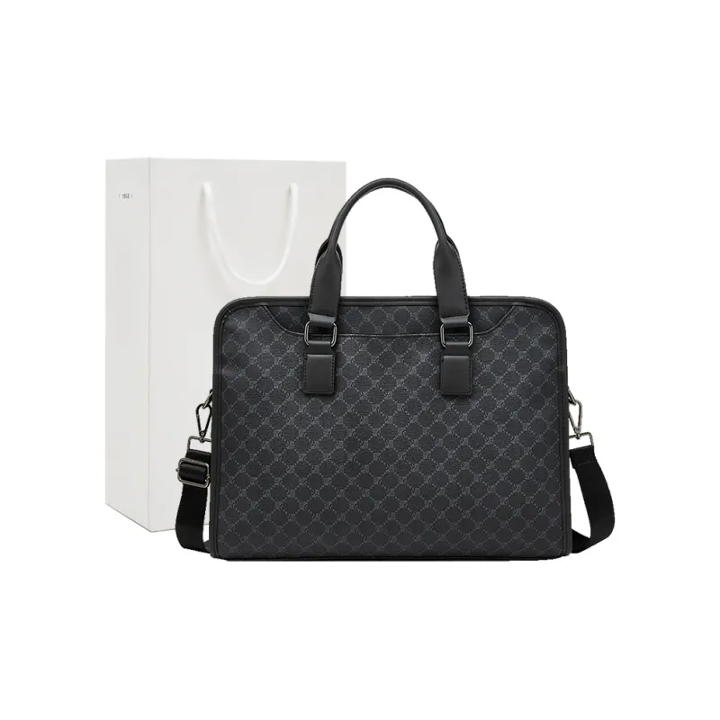 Old Man's Head Synthetic Leather Briefcases Men's Black/Black Plaid Style-0