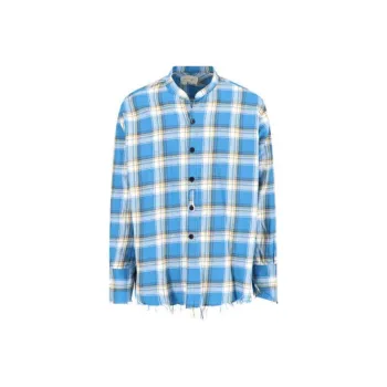 GREG LAUREN Raw-cut Hem Plaid Cotton Shirt