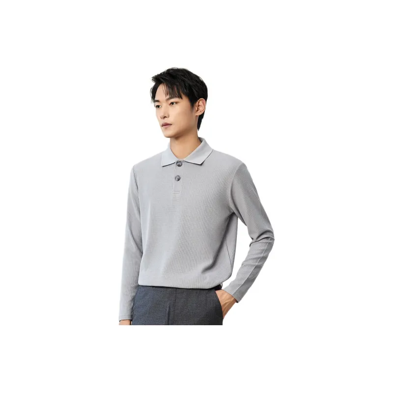 Red Bean Solid Color Lapel Pullover Long Sleeved Polo Shirt Men's-2