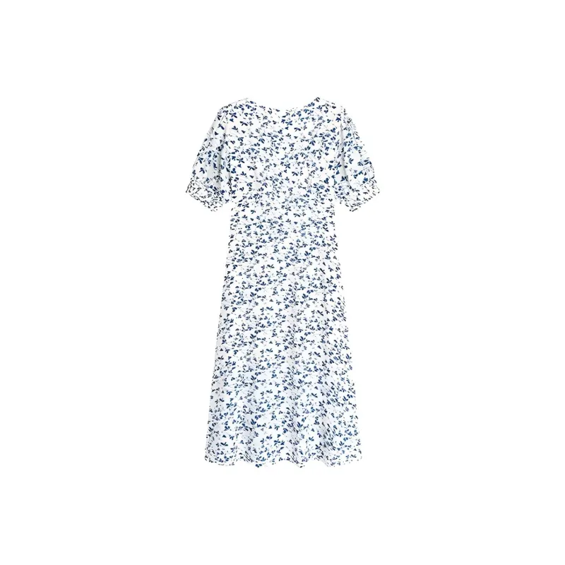 HDFULERN Short-Sleeved Dresses Women's White Base With Blue Floral-1