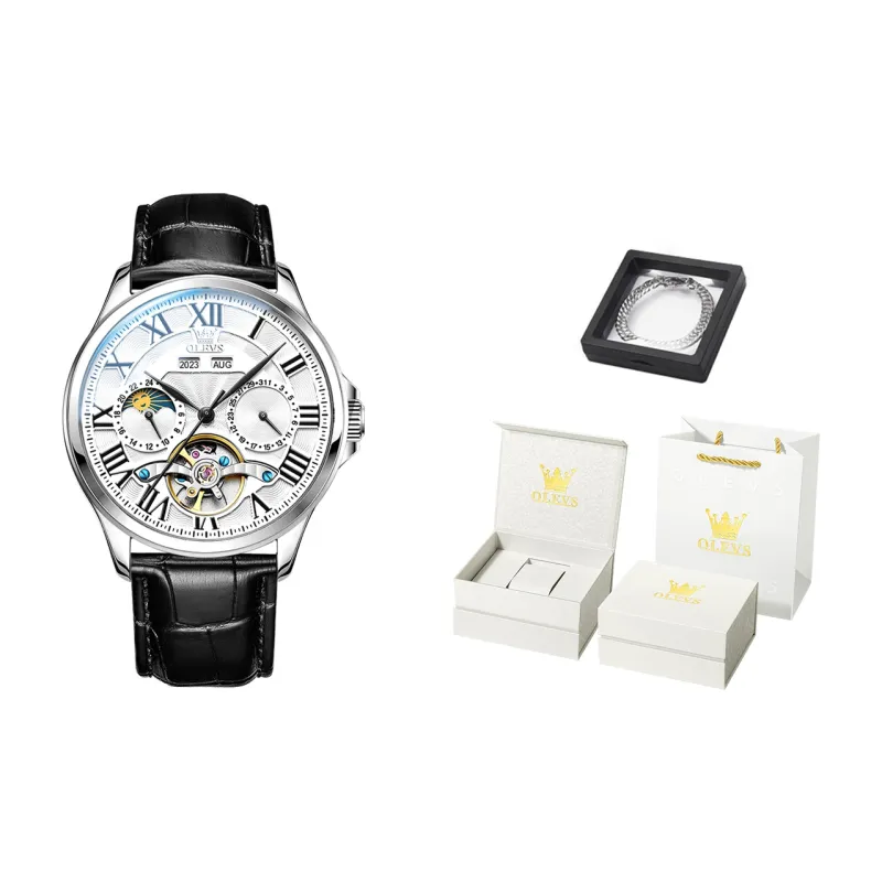 OLEVS Automatic Mechanical Movement Leather Strap Watch Men's Watches White Dial-11