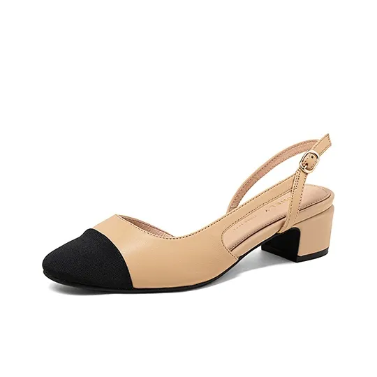 COMELY Chunky Heel High Heels 4cm Women's Apricot/Black-1