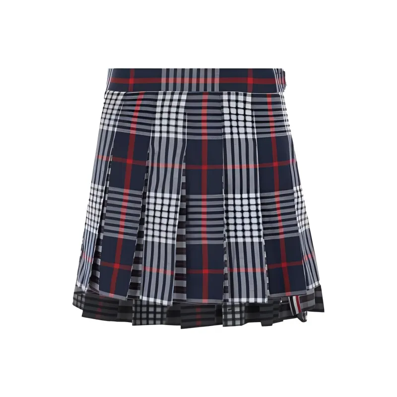 THOM BROWNE Checked Pleated Asymmetrical Skirt-1