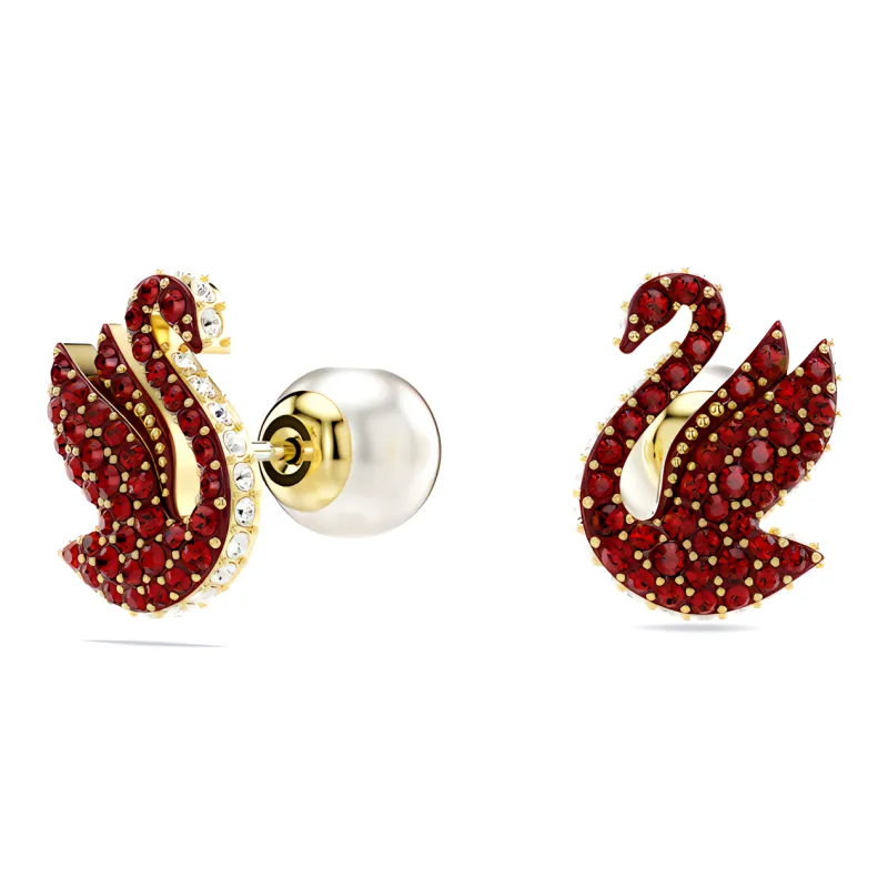Swarovski Iconic Swan Faux Crystal Gold-Plated Faux Pearl Stud Earrings Women's Red-1