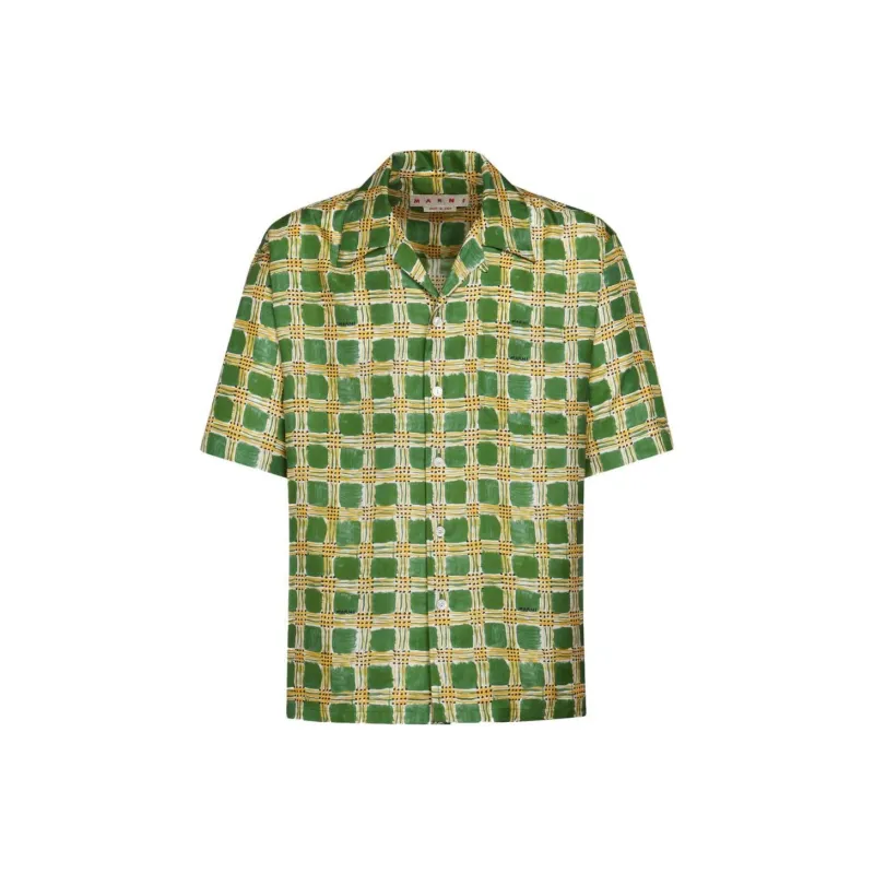 MARNI All Over Check Print Silk Bowling Shirt-0