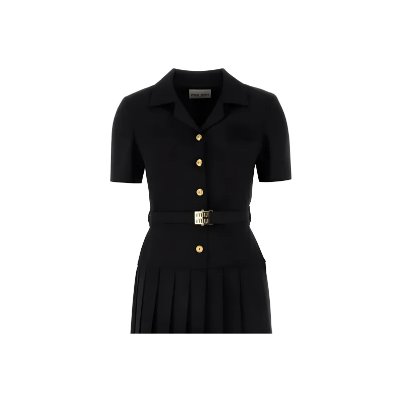 MIU MIU Short Sleeved Belted Pleated Dress-4