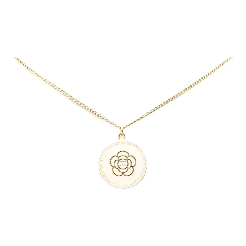 CHANEL 2006 Gold Plated Camellia Pendant Necklace Costume Necklace-0