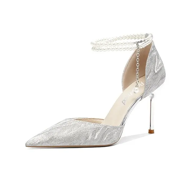 ROBINHOOD Castle 3D Box Slim Heel High Heels 8cm Women's Silver-0
