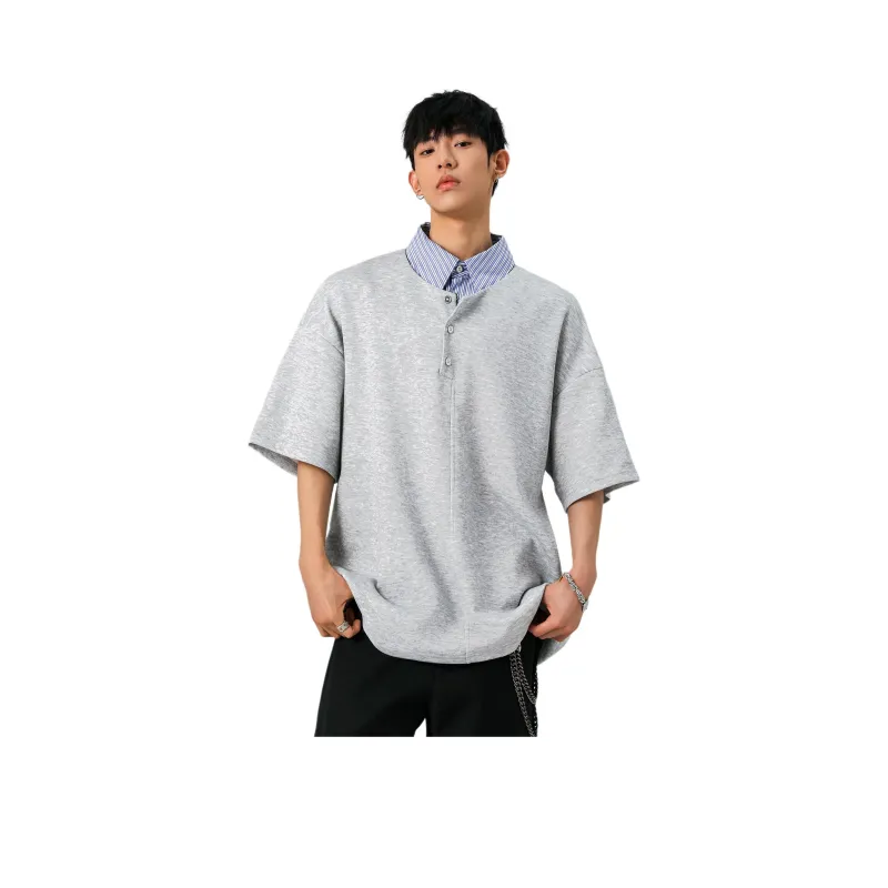 BLANC & ECLARE Comfortable Youth Trendy Polo Mock Two Piece V Neck Design Versatile Plaid T Shirt Unisex-6