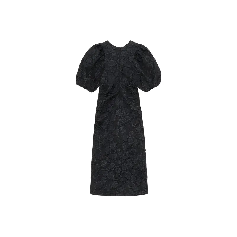 GANNI Jacquard Puff Sleeves Midi Dress Short-Sleeved Dresses Women's Black-1