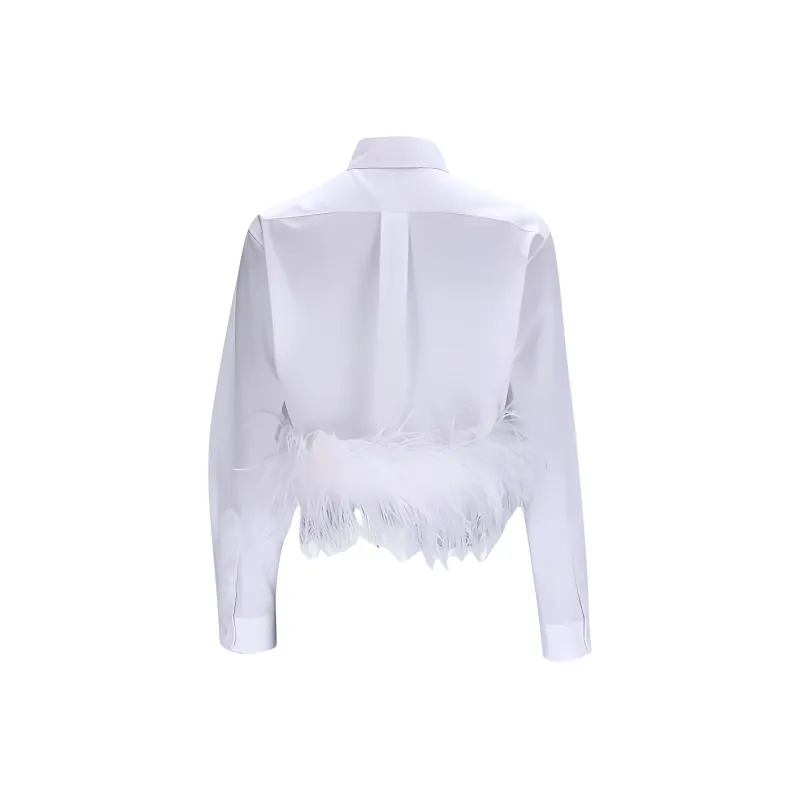 MIU MIU Button Up Cropped Feather Trim Shirt-1