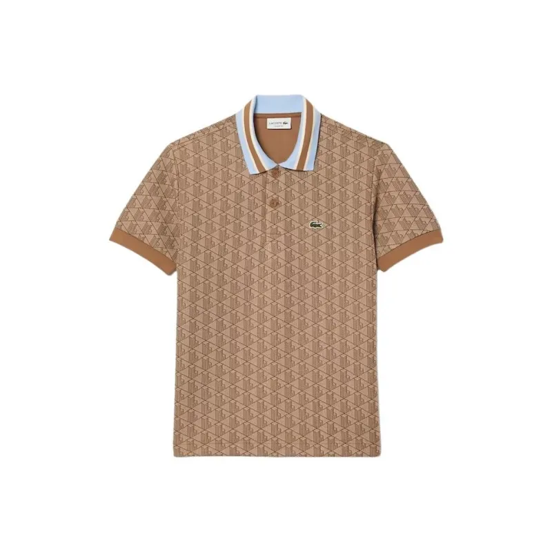 LACOSTE Classic Fit Contrast Collar Monogram Motif Polo Shirt Polo Shirt Men's Khaki-0