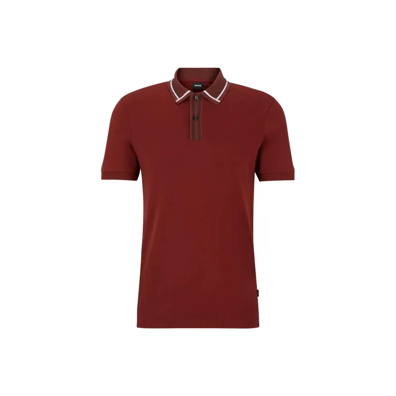 HUGO BOSS Mercerised Cotton Slim Fit Polo Shirt With Contrast Stripes Polo Shirt Men's Red-0