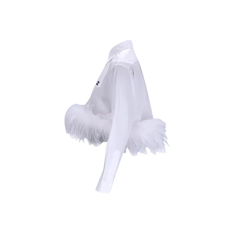 MIU MIU Button Up Cropped Feather Trim Shirt-2