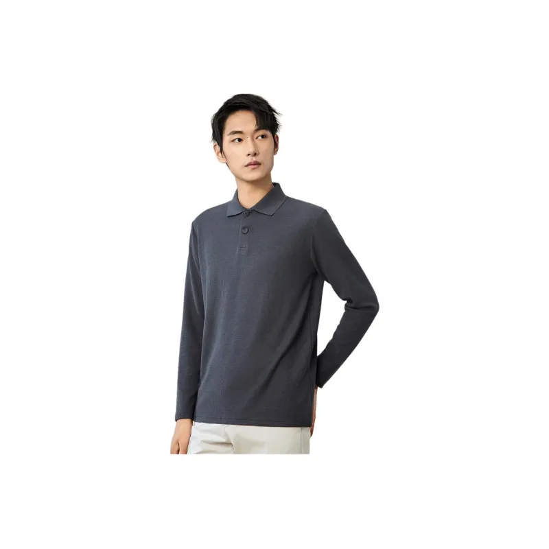 Red Bean Solid Color Lapel Pullover Long Sleeved Polo Shirt Men's-0