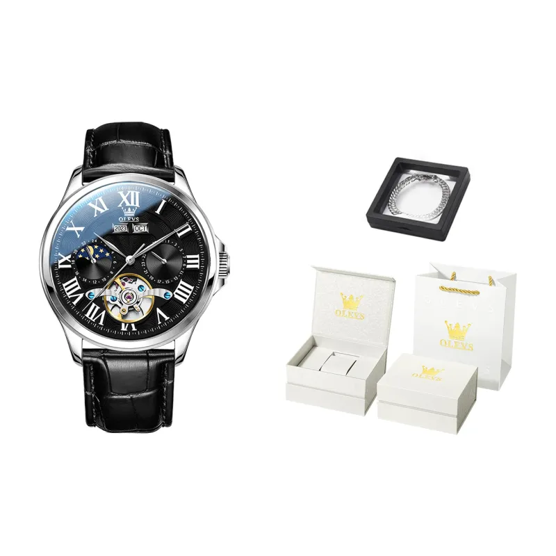 OLEVS Automatic Mechanical Movement Leather Strap Watch Men's Watches White Dial-12