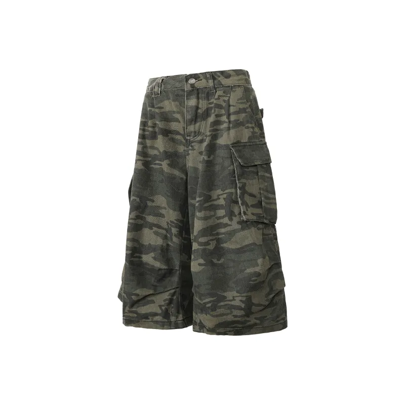 TESTUNG Denim Shorts Unisex Green Camouflage-6