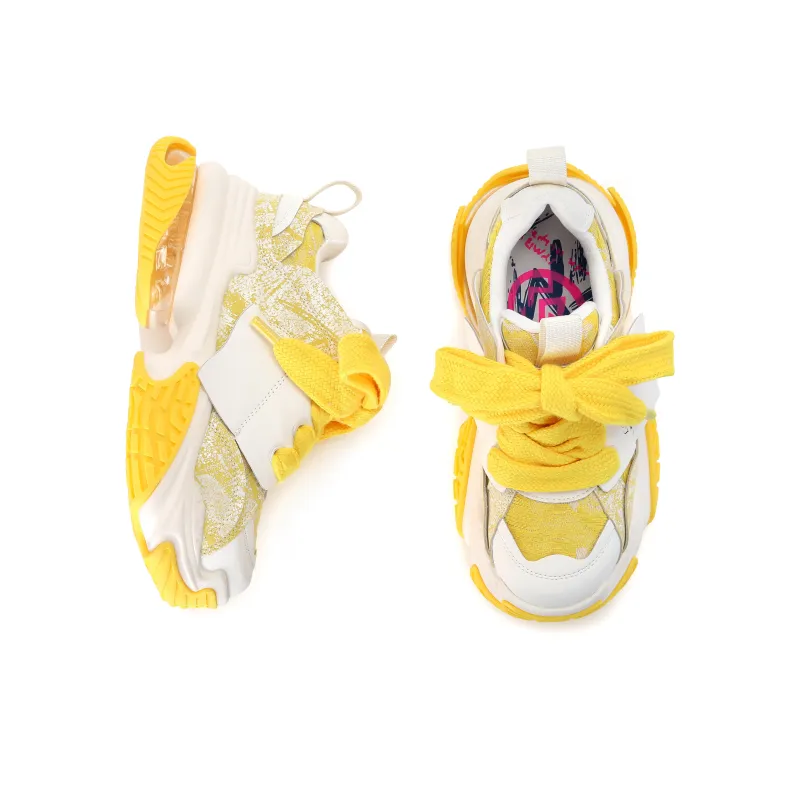 FAICCIA Embossed Air Cushion Shoe Low Top Chunky Sneakers Women's Yellow-5