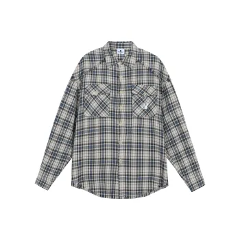 WAITINGWAVE Shirt Unisex Beige Blue Plaid