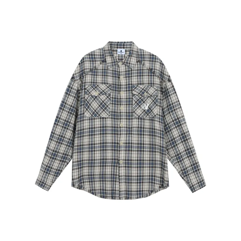 WAITINGWAVE Shirt Unisex Beige Blue Plaid-0