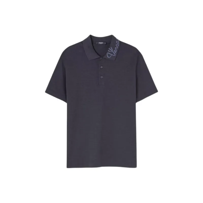 VERSACE Logo embroidered Cotton Polo Shirt-0