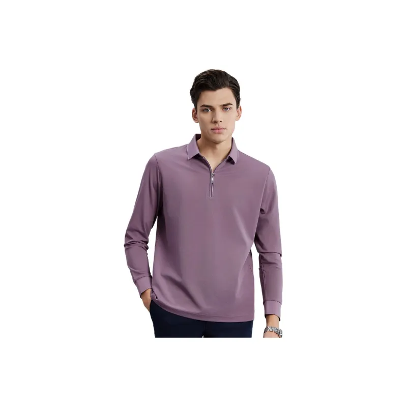 Red Bean Long Sleeved Polo Shirt T Shirt Men's-2