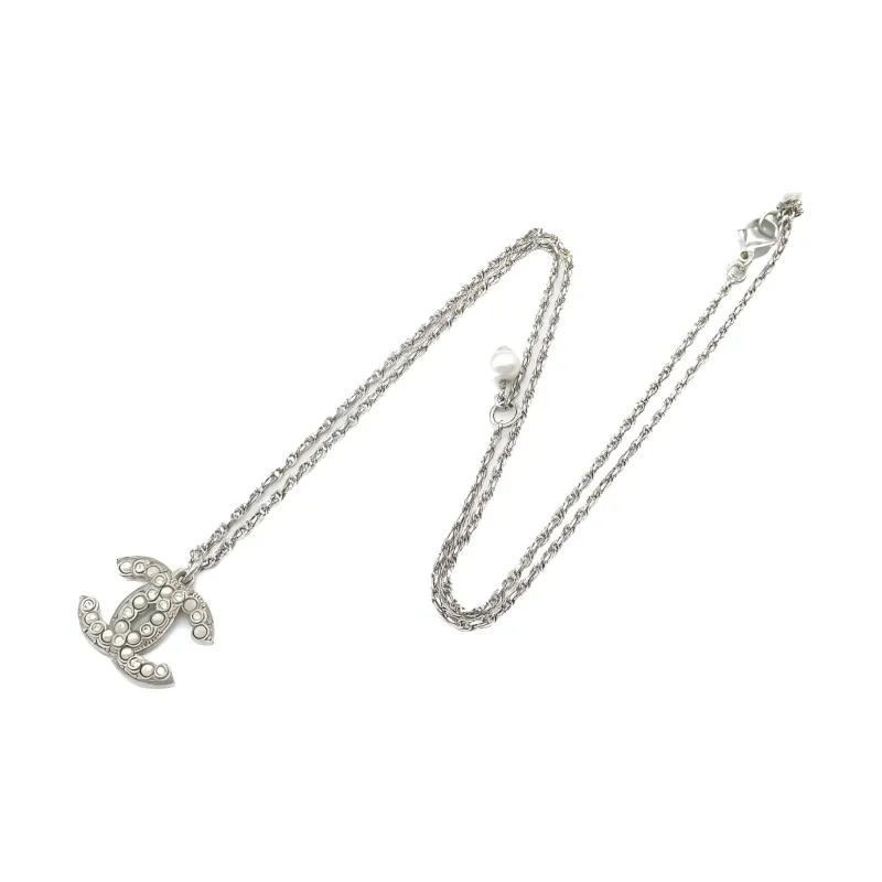 CHANEL Artificial Pearl Crystal Brass Silver-Plated Necklaces Women's Silver-2
