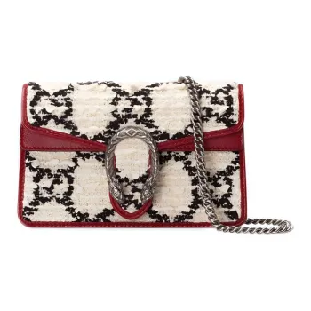 GUCCI Tweed With Leather Chain Shoulder Bag Crossbody Bag Extra Mini Women's White/Red