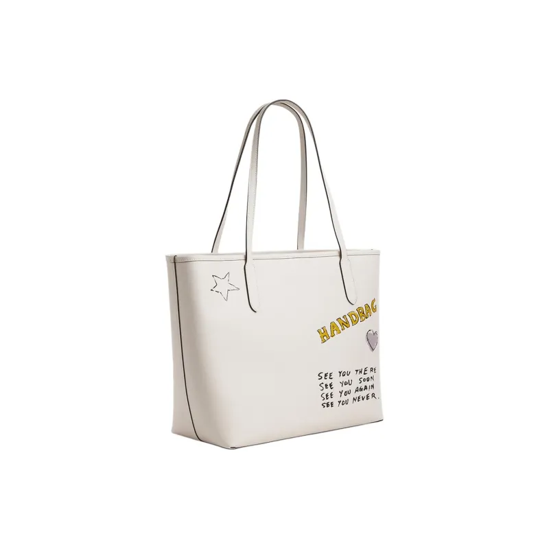COACH City Cow Leather Tote Bag Shopping Bag Shoulder Bags Large Size Women's Chalk White-1
