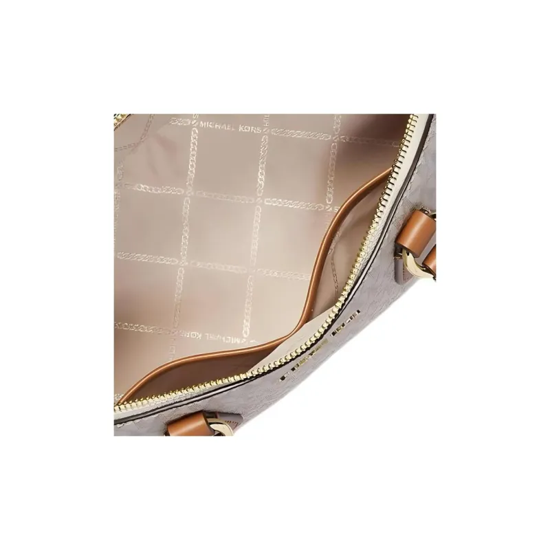 MICHAEL KORS Veronica Canvas Dome Bag, Shoulder Bag, Crossbody Bag, Handbag Medium Size Women's Vanilla White & Brown-4