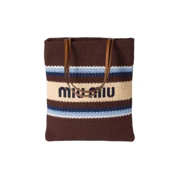 MIU MIU Cotton Handbag, Shoulder Bag Women's Cocoa & Light Blue & Natural