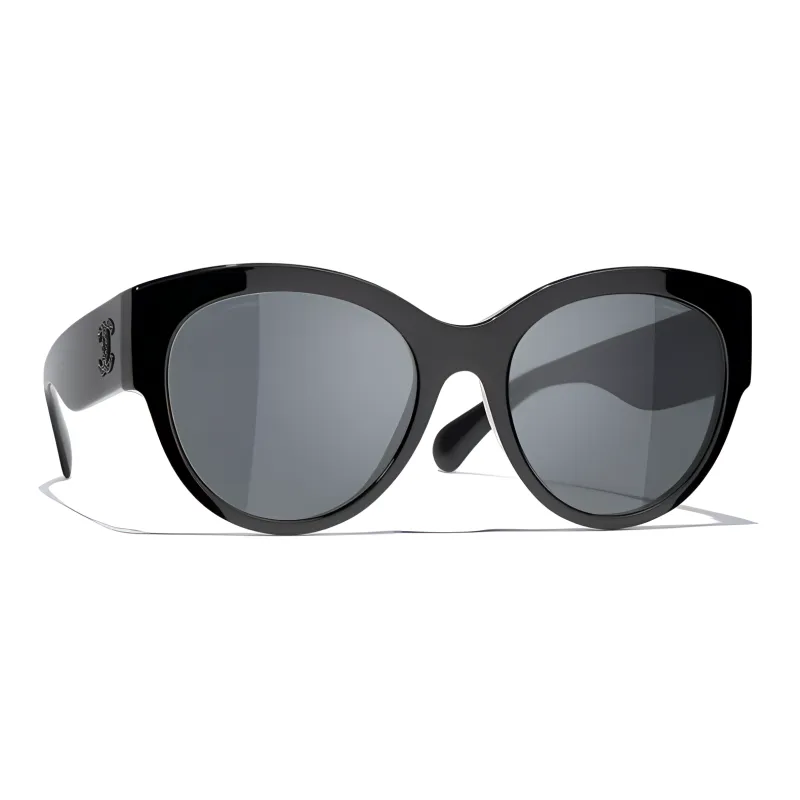 CHANEL Acetate Oval Sunglasses Women's Black-1