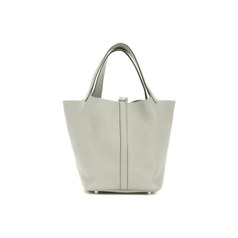 HERMES Picotin Lock Clemence Bullock Leather, Silver Buckle Bucket Bag Handbag 22 Women's 0W Gris Neve Ice Crystal Gray-2