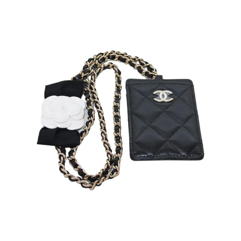 CHANEL Lambskin Card Holder Necklace Pouch Women's Black-2