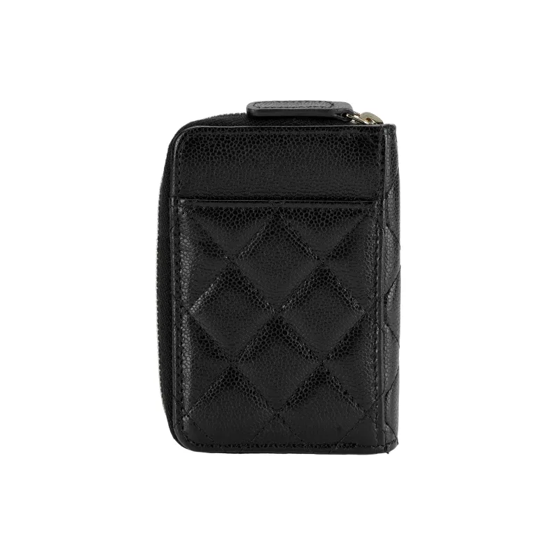 CHANEL Grain Embossed Shiny Caviar Calfskin With Gold Metal Coin Purse, Card Holder Women's Black-2
