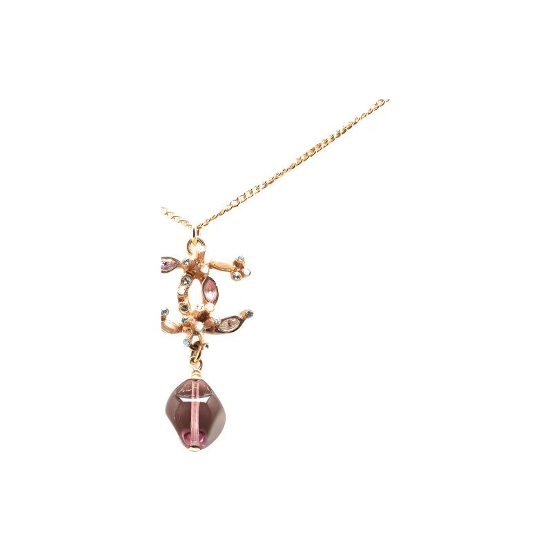 CHANEL 2012 Plated Cc Crystal And Amethyst Pendant Costume Necklace-2