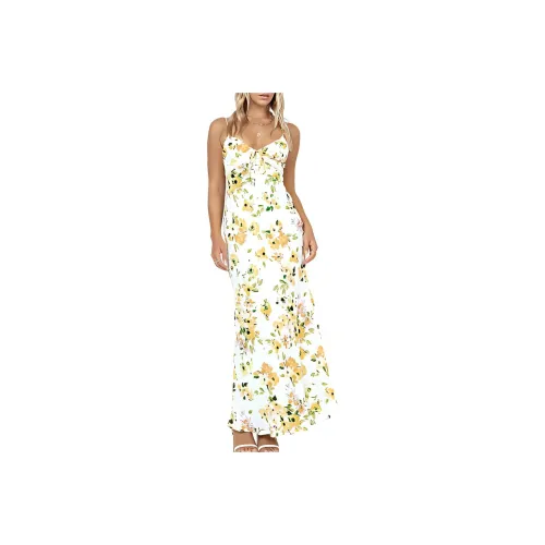 PRINCESS POLLY EMILY MAXI DRESS WHITE YELLOW FLORAL Floral Print Slim Fit V-Neck Slip Dresses Women's Multicolor
