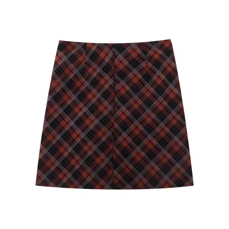 CHARM PICK Casual Short Skirts Women's Orange Red Plaid-1