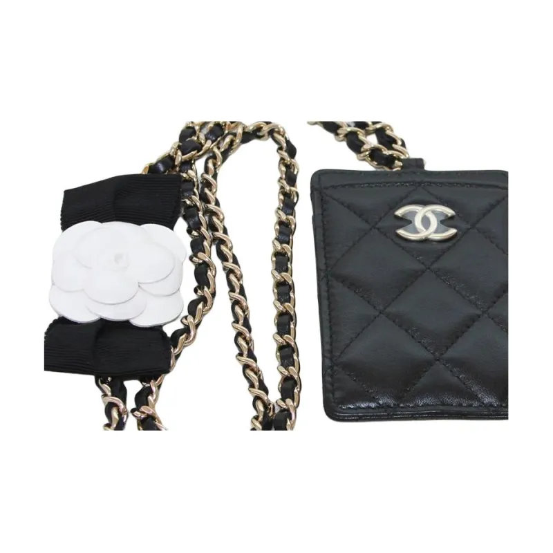 CHANEL Lambskin Card Holder Necklace Pouch Women's Black-3