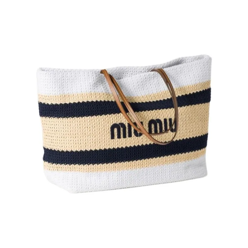 MIU MIU Cotton Tote Bag, Shopping Bag, Handbag, Shoulder Bag Women's Natural & White-1