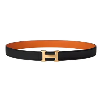 HERMES Badge Design Calfskin Leather Belts Men's Orange/Colorful Illustration/Gold Width 2.4CM