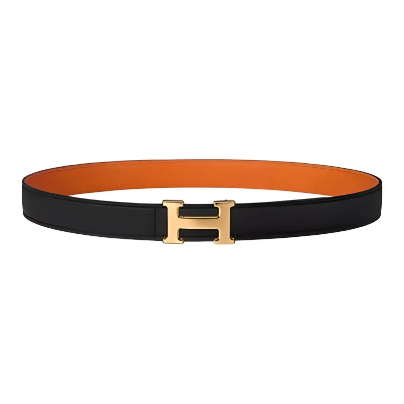 HERMES Badge Design Calfskin Leather Belts Men's Orange/Colorful Illustration/Gold Width 2.4CM-0