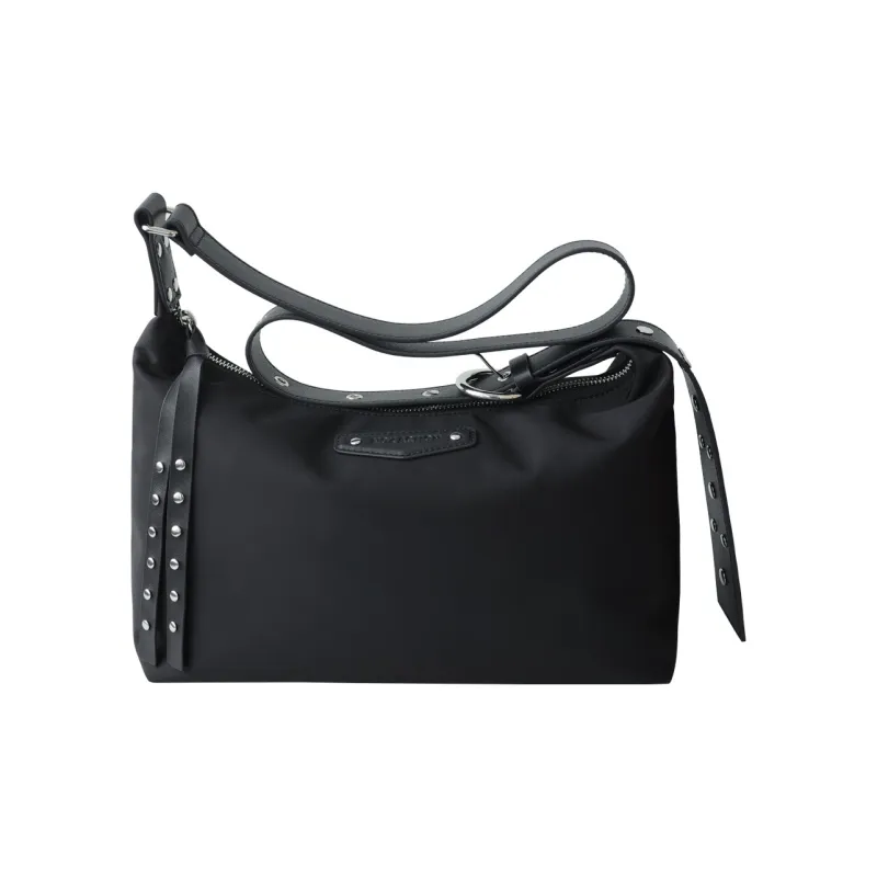 NOX ACTION Nylon With Cow Leather Shoulder Bag, Crossbody Bag Regular Women's Milk Gray White/Premium Black-4