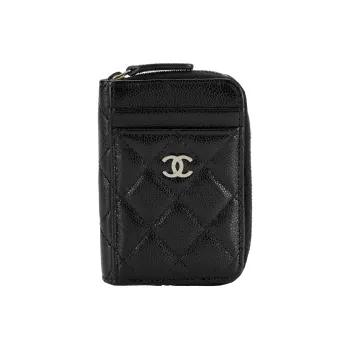 CHANEL Grain Embossed Shiny Calfskin With Gold Metal Coin Purse, Card Holder Regular Women's Black