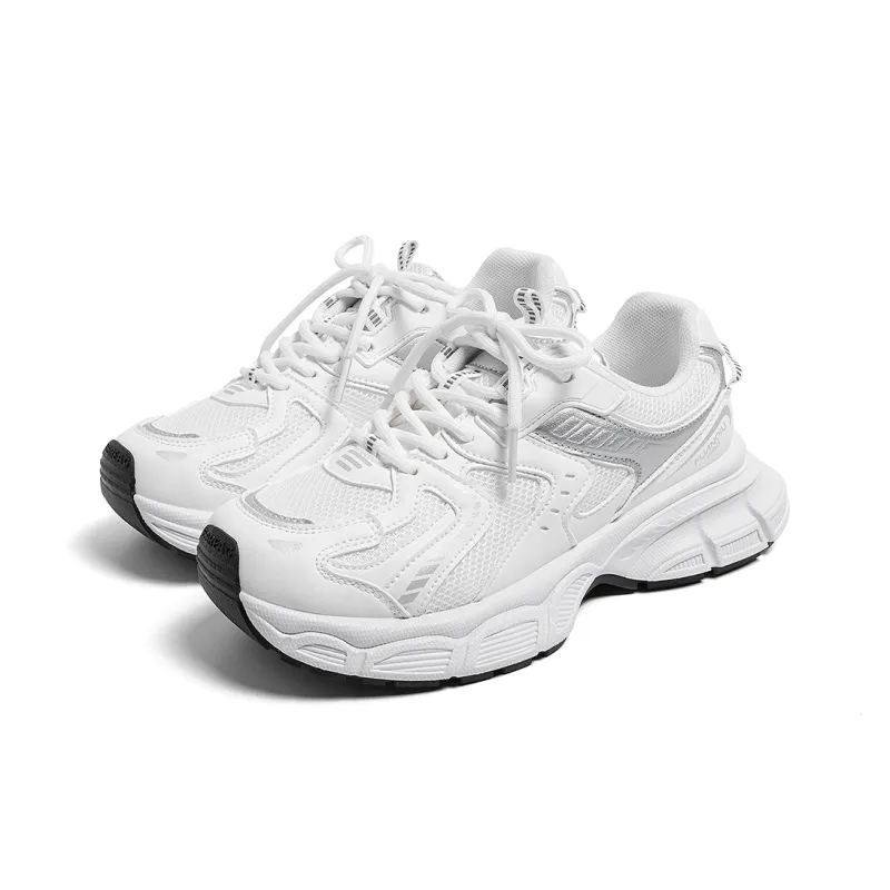 HUANQIU Anti Slip And Wear Resistant Height Increasing Low Top Chunky Sneakers Women's White Silver-2