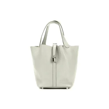 HERMES Picotin Clemence Bullock Leather Silver Buckle Bucket Bags Handbags 22 Women's 0W Gray Snow Ice Crystal Gray